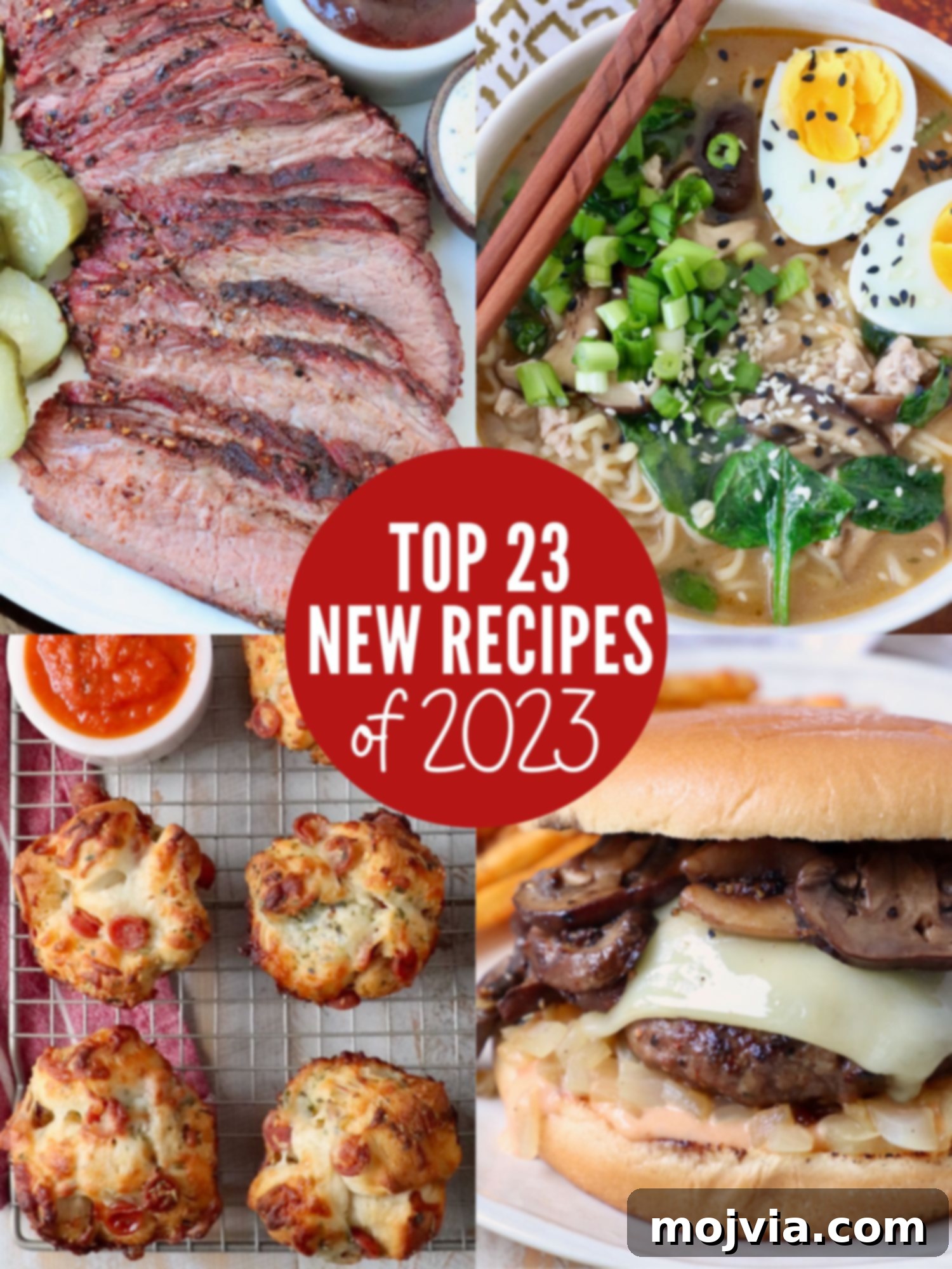 collage of images showing a sliced tri tip, ramen soup, pizza rolls and a burger
