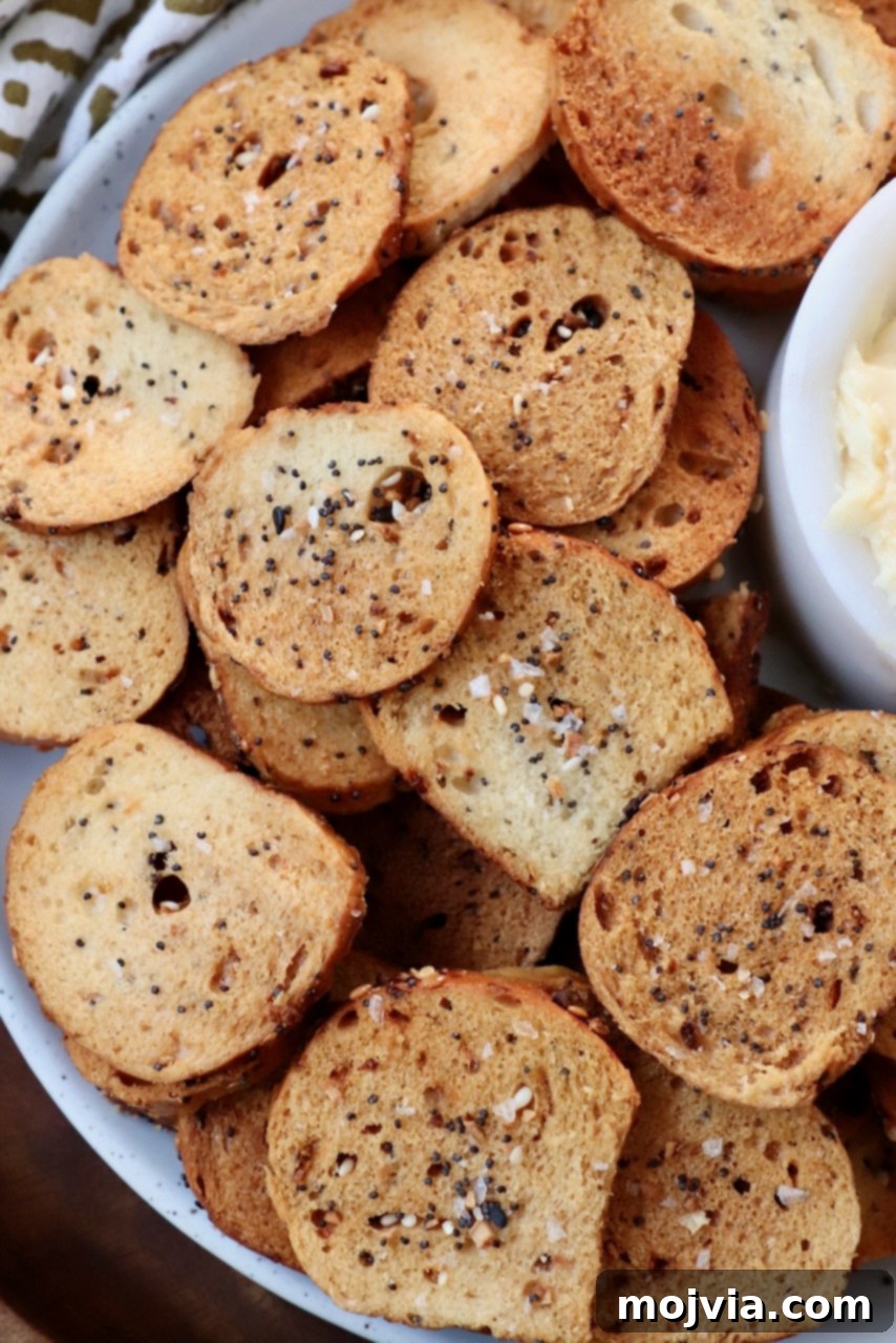 Toasted Bagel Crisps 2 Crispy homemade bagel chips on a serving plate, ready for dipping and enjoying.