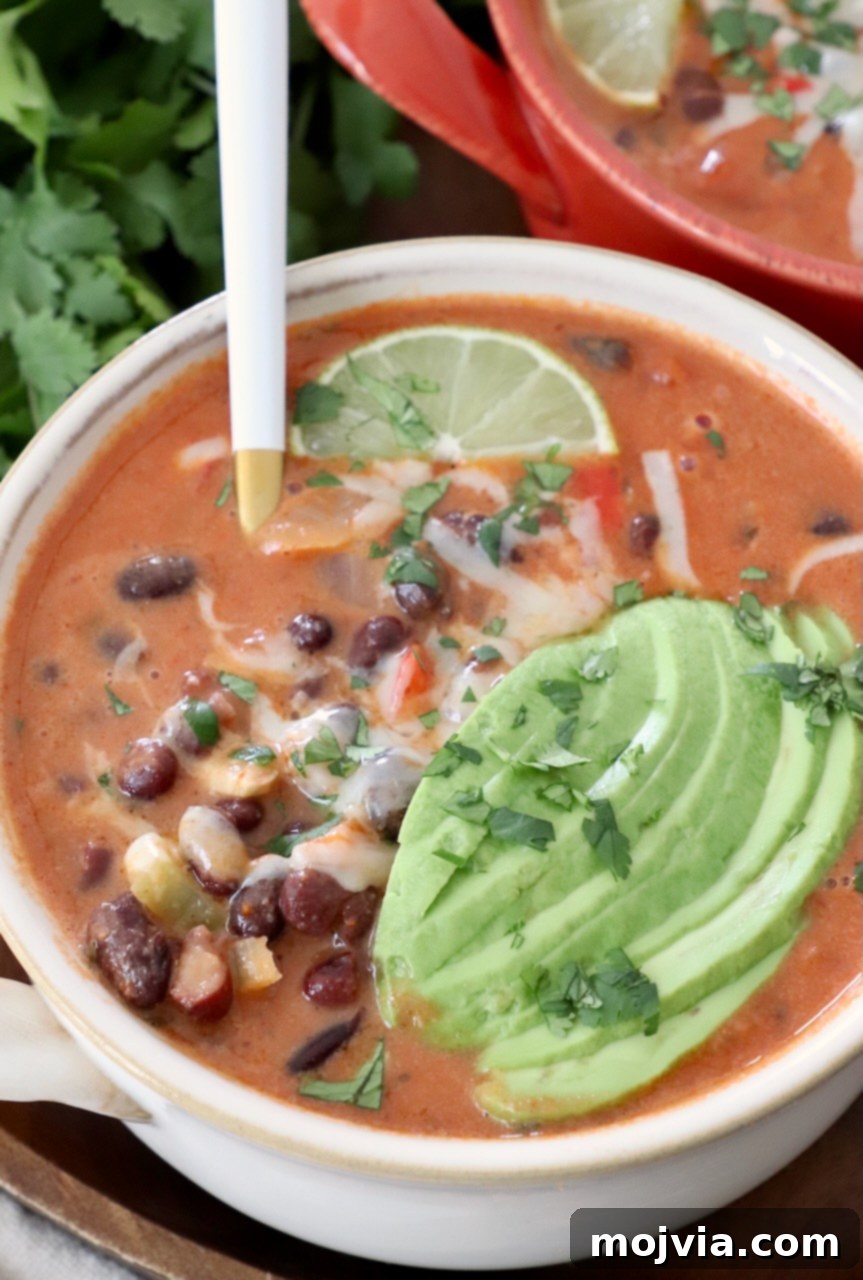 Zesty Southwest Black Bean Soup 2 black bean soup in bowl topped with sliced avocado