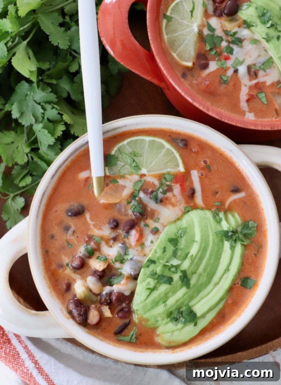 Zesty Southwest Black Bean Soup 8 black bean soup in bowl with spoon, topped with sliced avocado