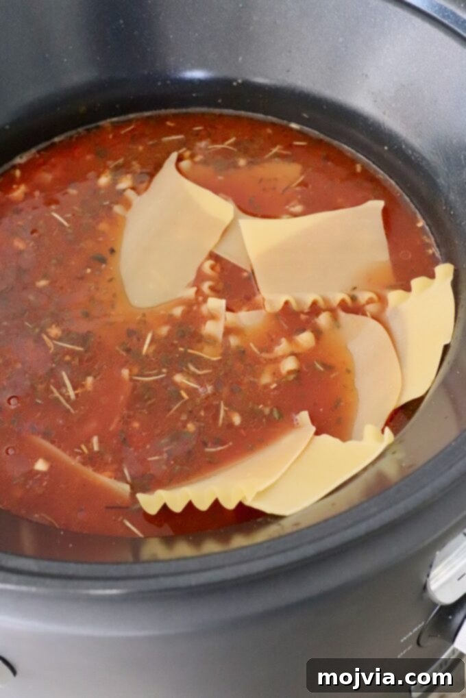 Hearty Lasagna Soup 8 broken lasagna noodles in tomato sauce in slow cooker