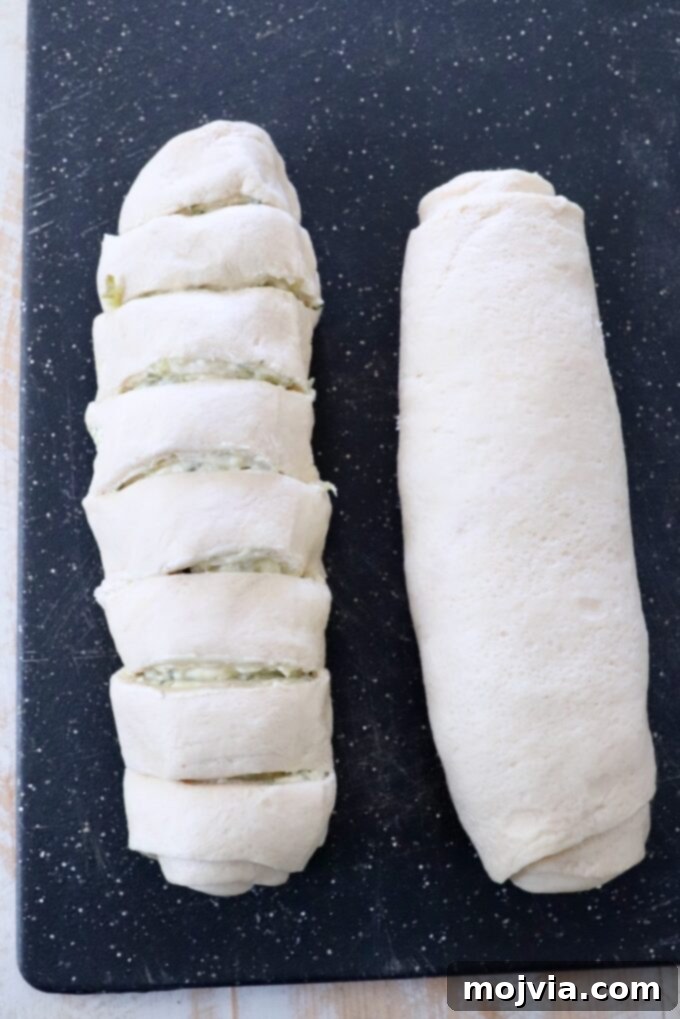 sliced crescent roll on cutting board