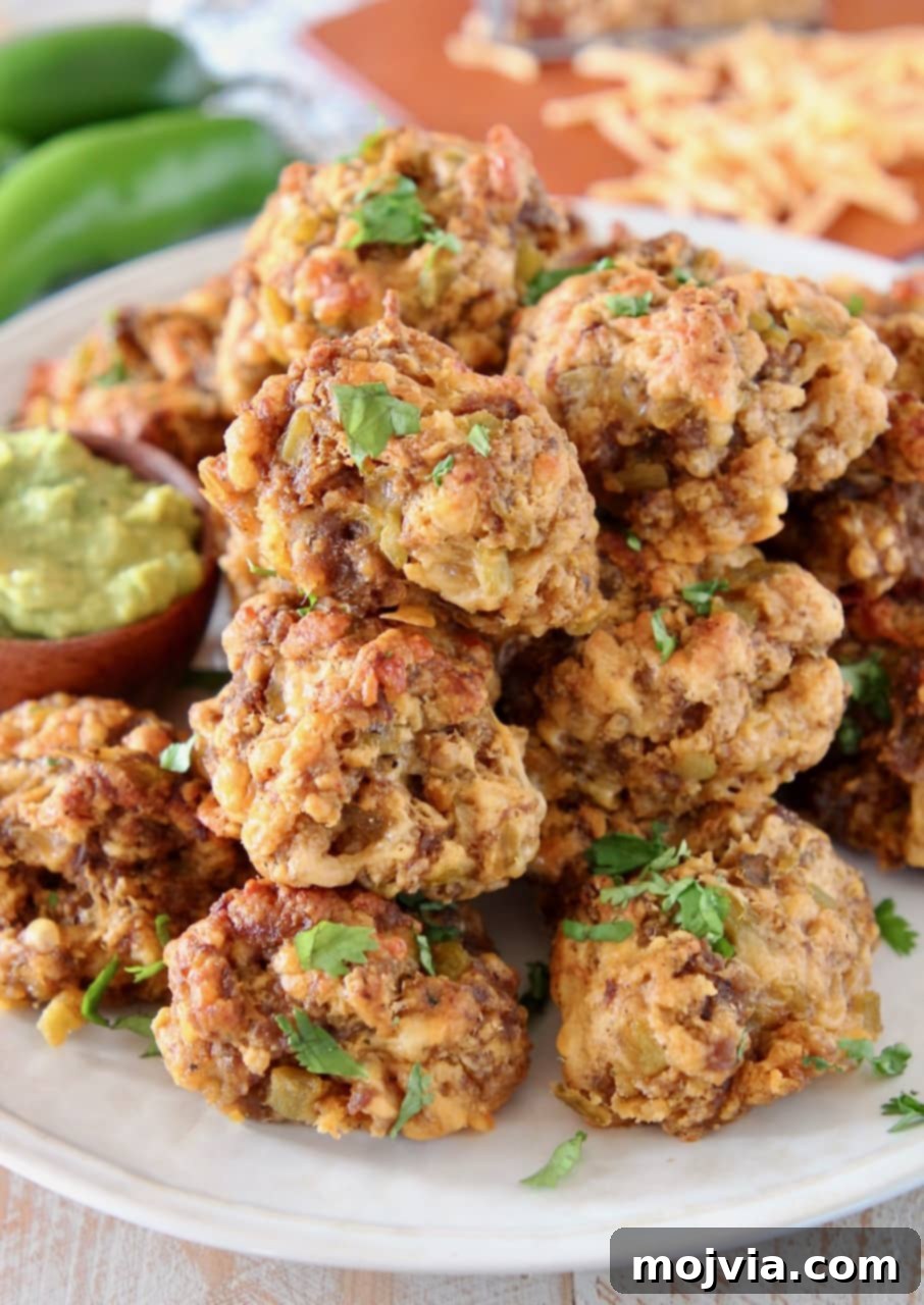 Mexican Chorizo sausage balls arranged neatly on a plate, accompanied by a small bowl of creamy avocado sauce for dipping.