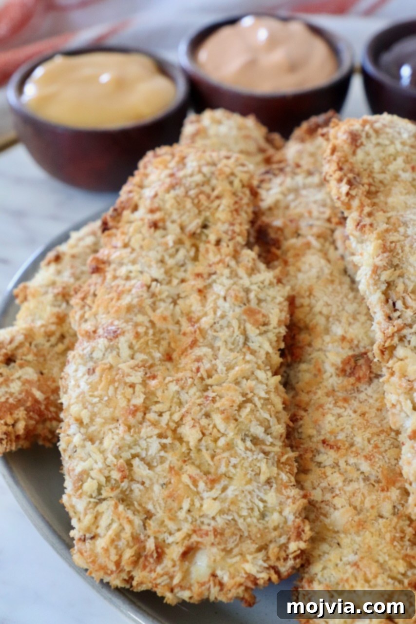 Golden Crispy Air Fryer Chicken 13 cooked, breaded chicken strips on plate