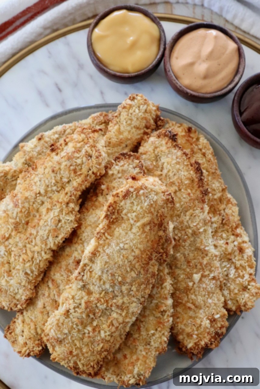 Golden Crispy Air Fryer Chicken 14 crispy chicken tenders stacked up on plate with small bowls of sauces on the side
