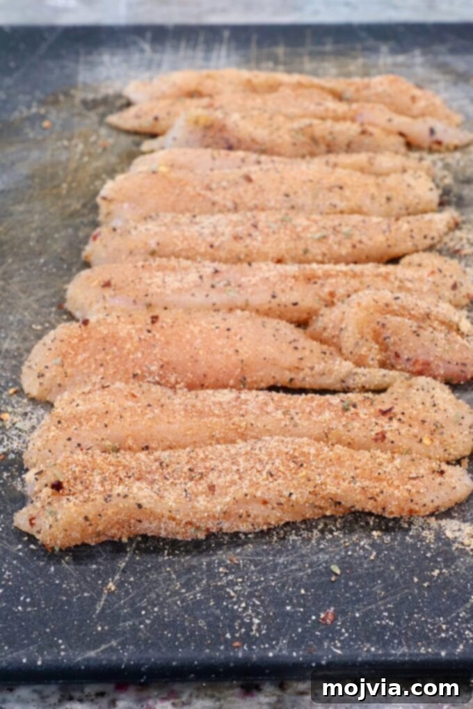 Golden Crispy Air Fryer Chicken 5 strips of chicken breast meat tossed with seasoning on a cutting board