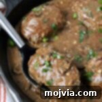 Delicious Salisbury Steak with mushroom gravy, ready to be served.