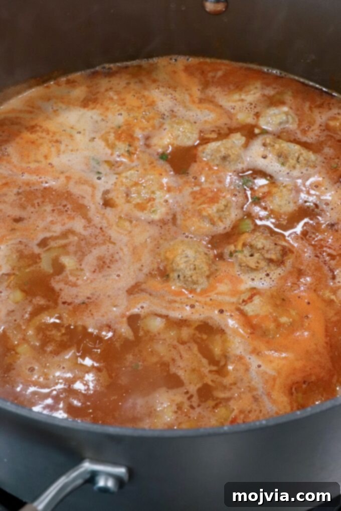 Bold Buffalo Chicken Soup 6 Buffalo chicken meatballs and ditalini pasta simmering in the spiced chicken broth, absorbing flavors.