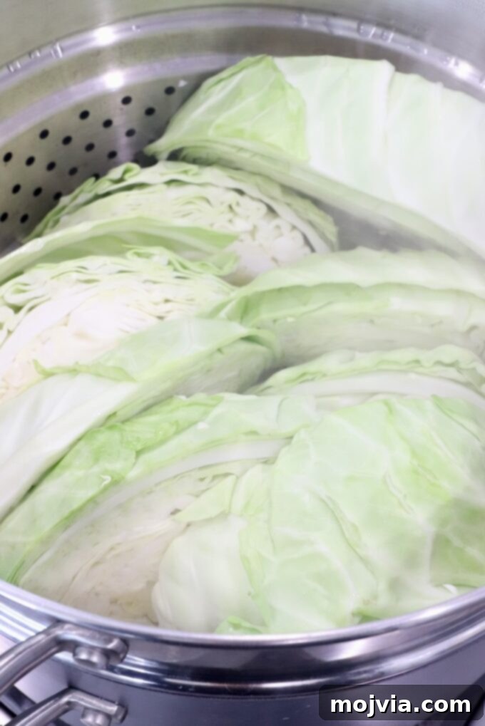 Large wedges of green cabbage neatly arranged in a metal steamer basket, positioned within a cooking pot, awaiting the steaming process.
