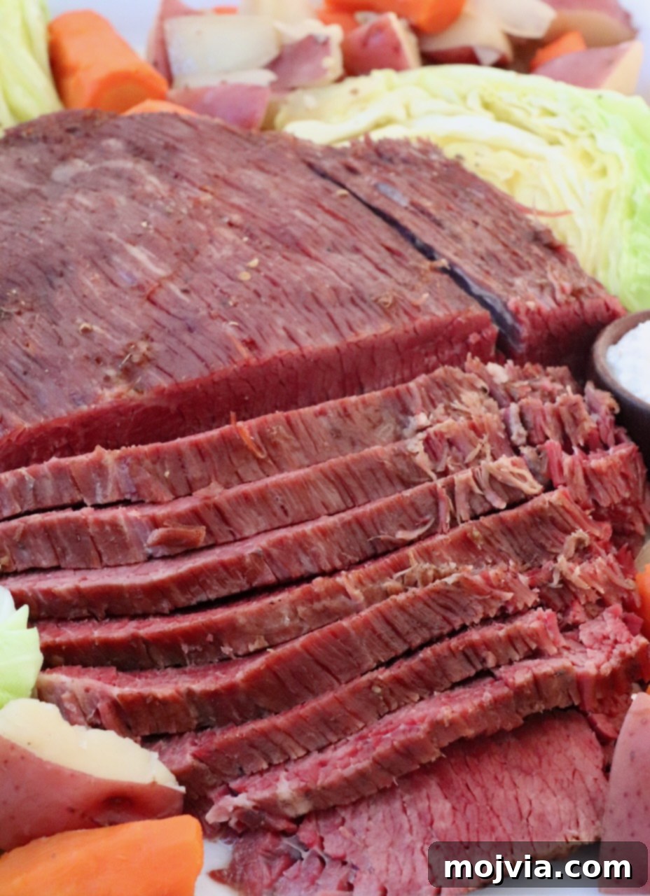 sliced corned beef on platter with cabbage and carrots