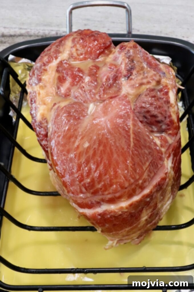 Golden Honey Glazed Ham Feast 6 Honey glazed ham in a roasting pan, ready for the oven.