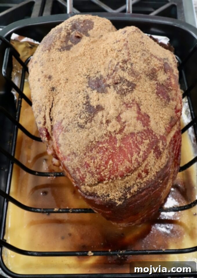 Golden Honey Glazed Ham Feast 8 Spiral ham coated with brown sugar mixture in a roasting pan.