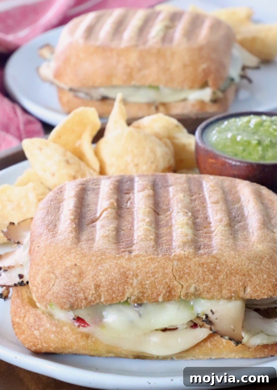 Herbed Turkey Pesto Stack 8 A beautifully grilled turkey pesto panini sandwich, sliced in half, served on a plate with crispy potato chips, ready to enjoy.