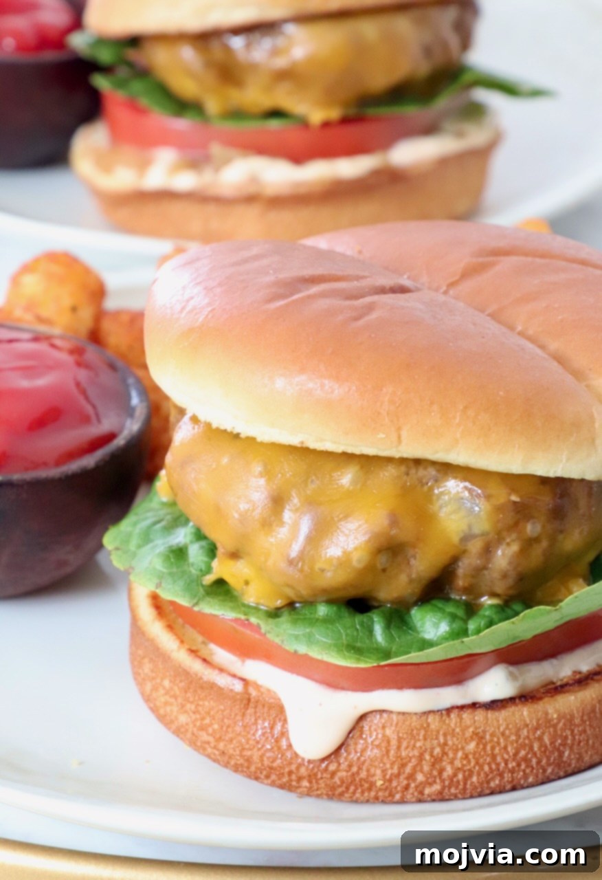 cooked cheeseburger on plate with a side small bowl of ketchup