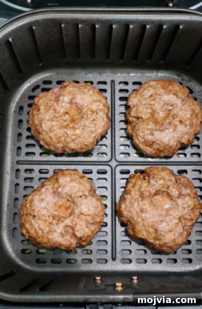 cooked burger patties in air fryer
