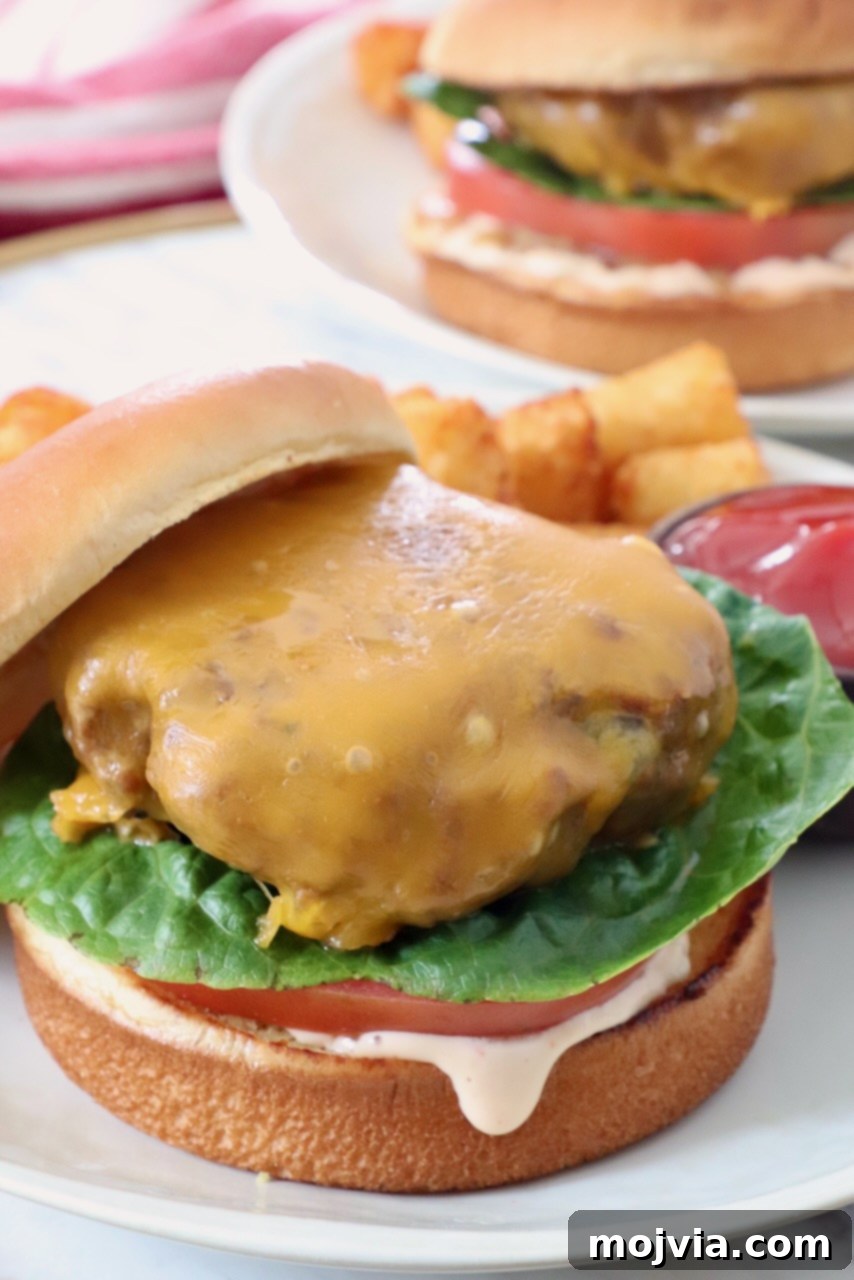cheeseburger on bun with lettuce, tomato and burger sauce