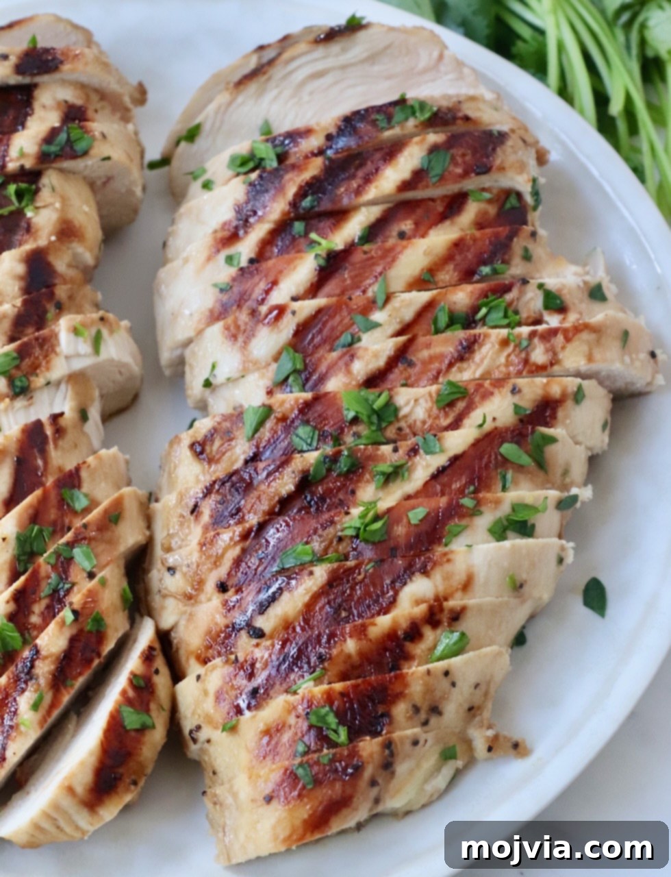 Tender Chicken Elixir 7 Beautifully sliced grilled chicken breast arranged neatly on a plain white plate, ready for serving.