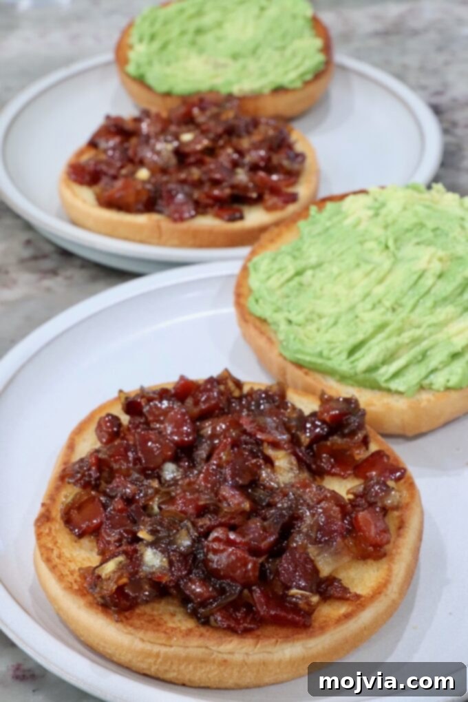 California Dream Burger 7 Toasted hamburger buns spread with smashed avocado and bacon jam