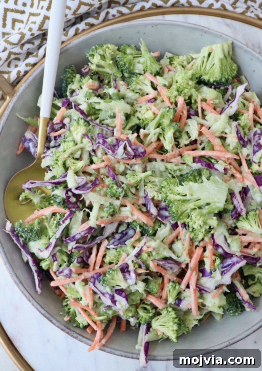 Vibrant Broccoli Slaw 2 Delicious Broccoli Slaw in a serving bowl with a spoon, ready to be enjoyed as a refreshing side dish.