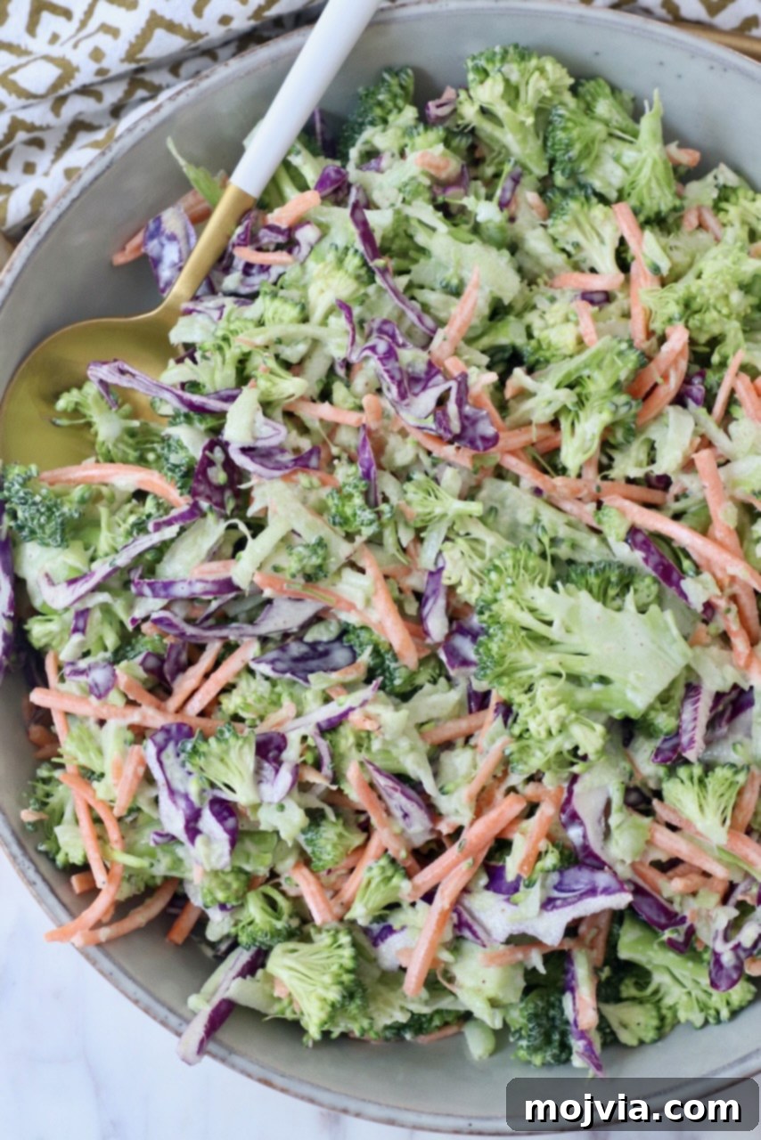 Vibrant Broccoli Slaw 11 A close-up shot of the vibrant Broccoli Slaw, showcasing its texture and the creamy dressing, ready to be served.