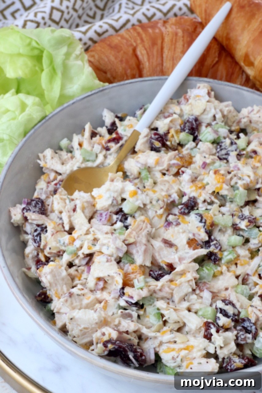 Garden Chicken Medley 7 close-up of classic chicken salad in a bowl with a serving spoon