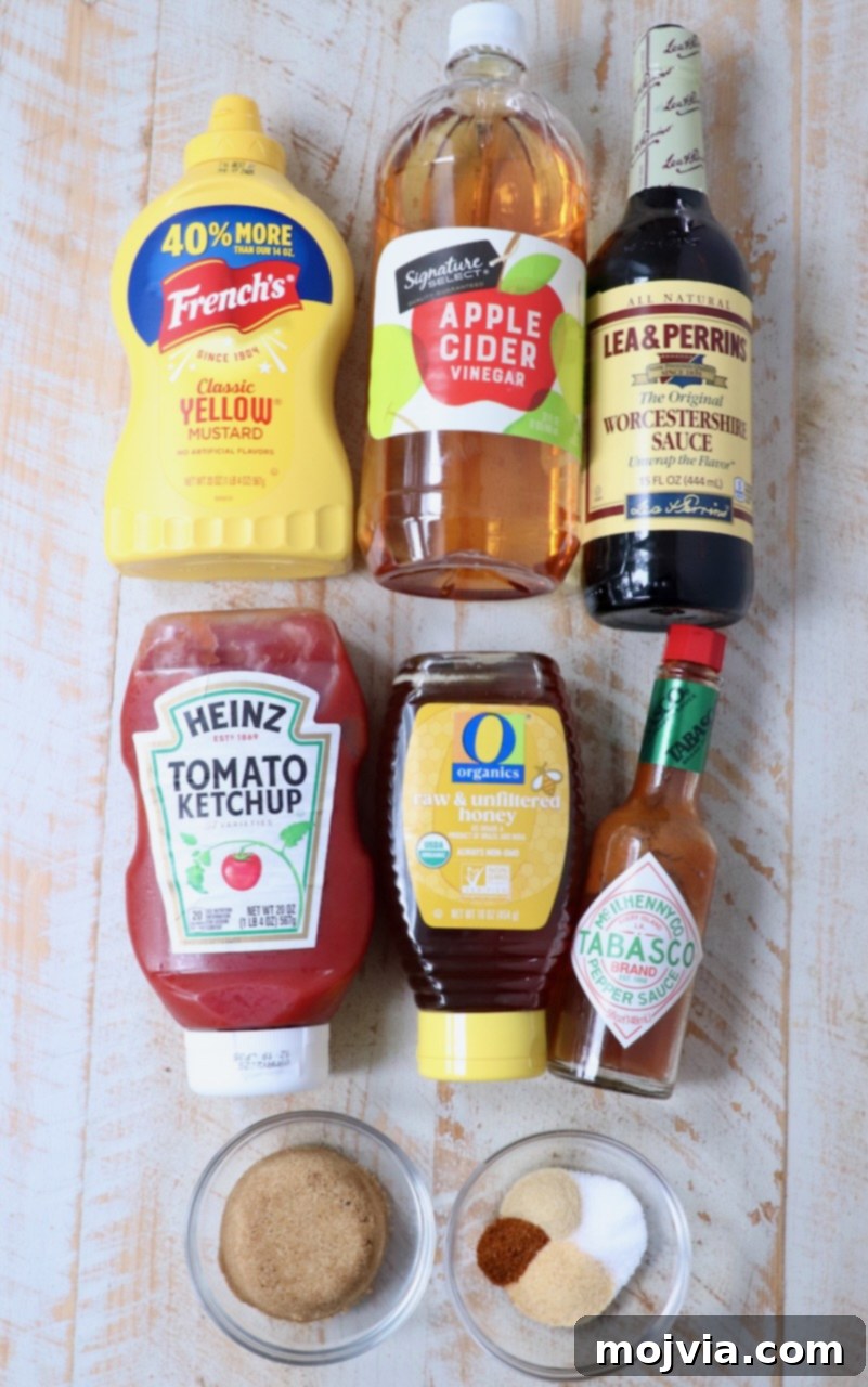 Carolina Gold Mustard Magic 3 ingredients for Carolina gold bbq sauce on white wood board