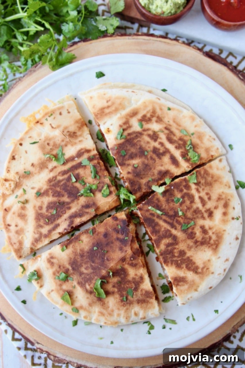 Zesty Soy Chorizo Fold 4 Overhead shot of quesadilla on plate cut into quarters