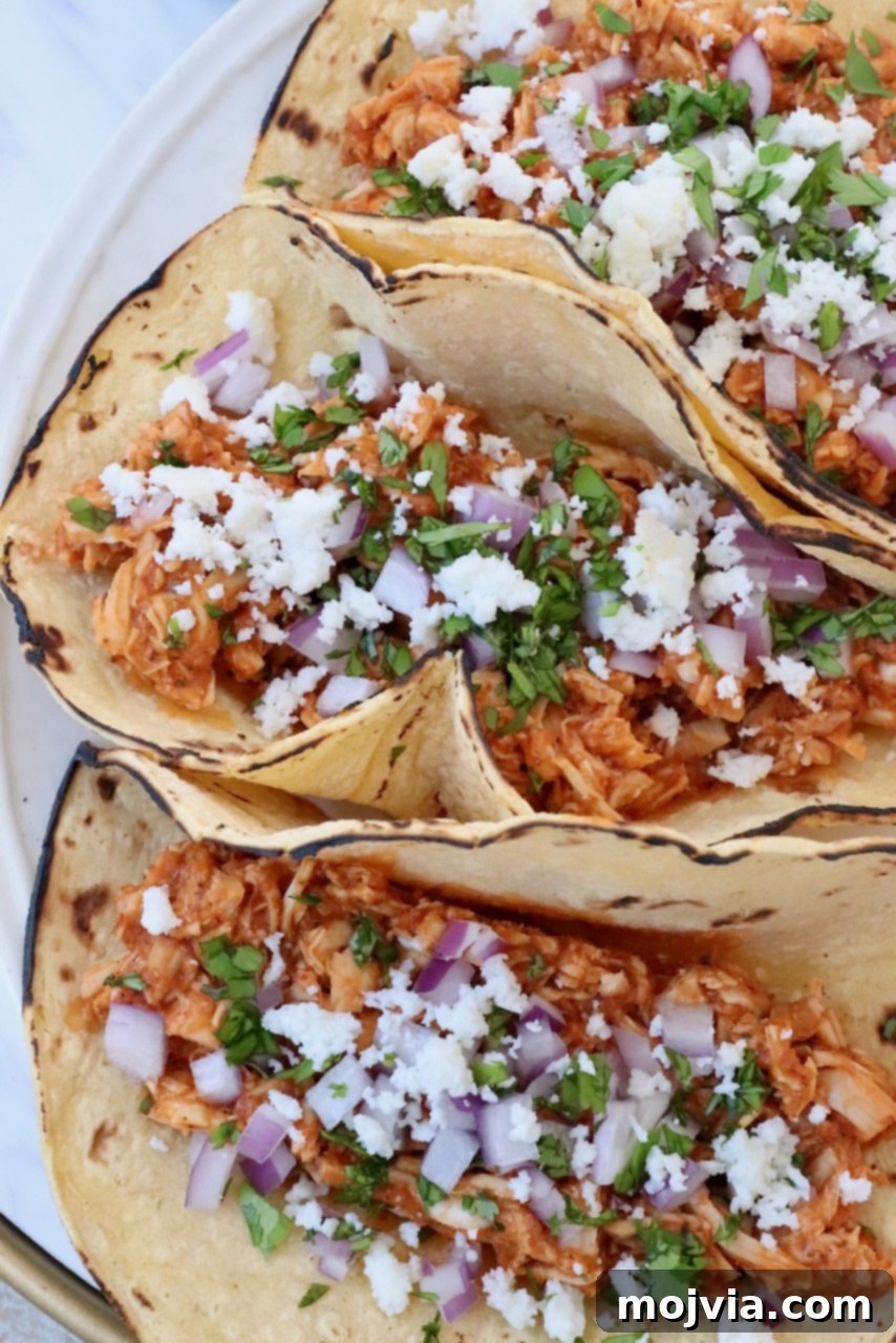 Smoky Chipotle Chicken Tinga 2 chicken tinga tacos on plate topped with diced onions and cilantro