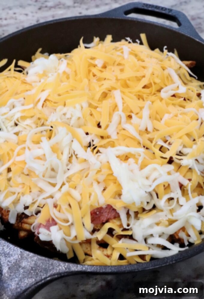 Ultimate Grilled Steak Fries 11 cooked french fries topped with diced grilled steak and shredded cheese in a cast iron skillet