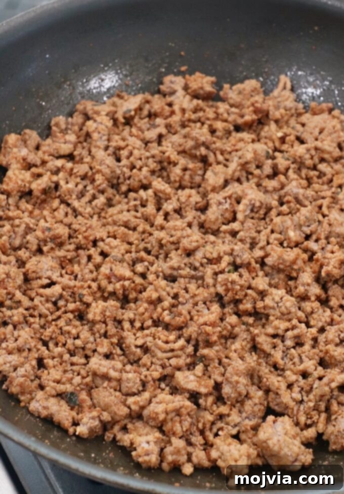 taco seasoned ground beef in a skillet