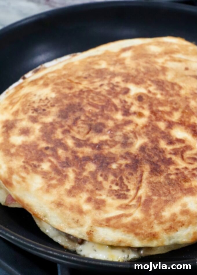 Golden Grilled Chicken Quesadillas 10 browned quesadilla in skillet