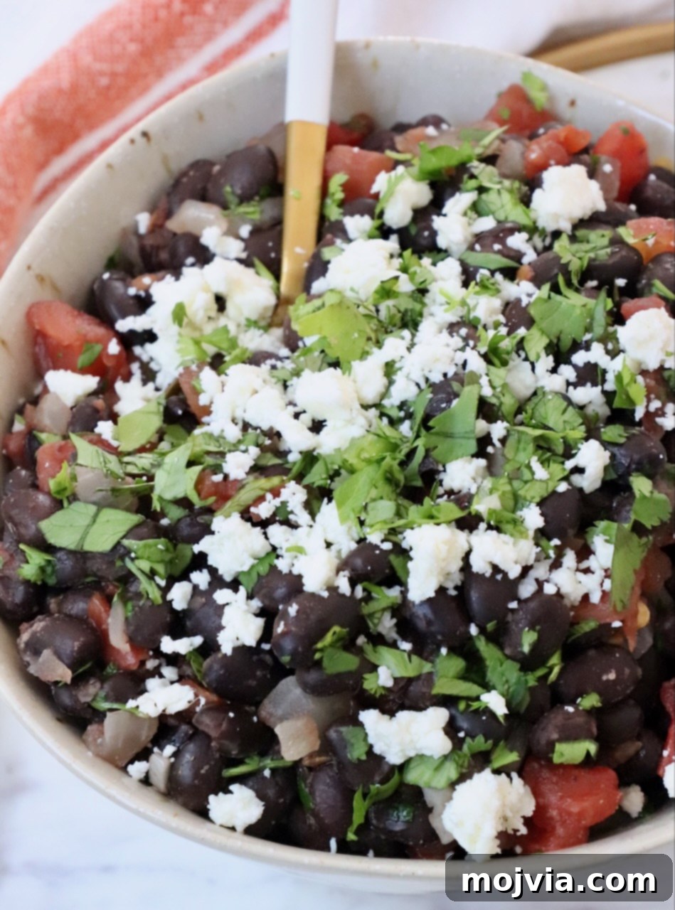 Traditional Mexican Black Beans 2 black beans in bowl topped with crumbled cheese and chopped cilantro