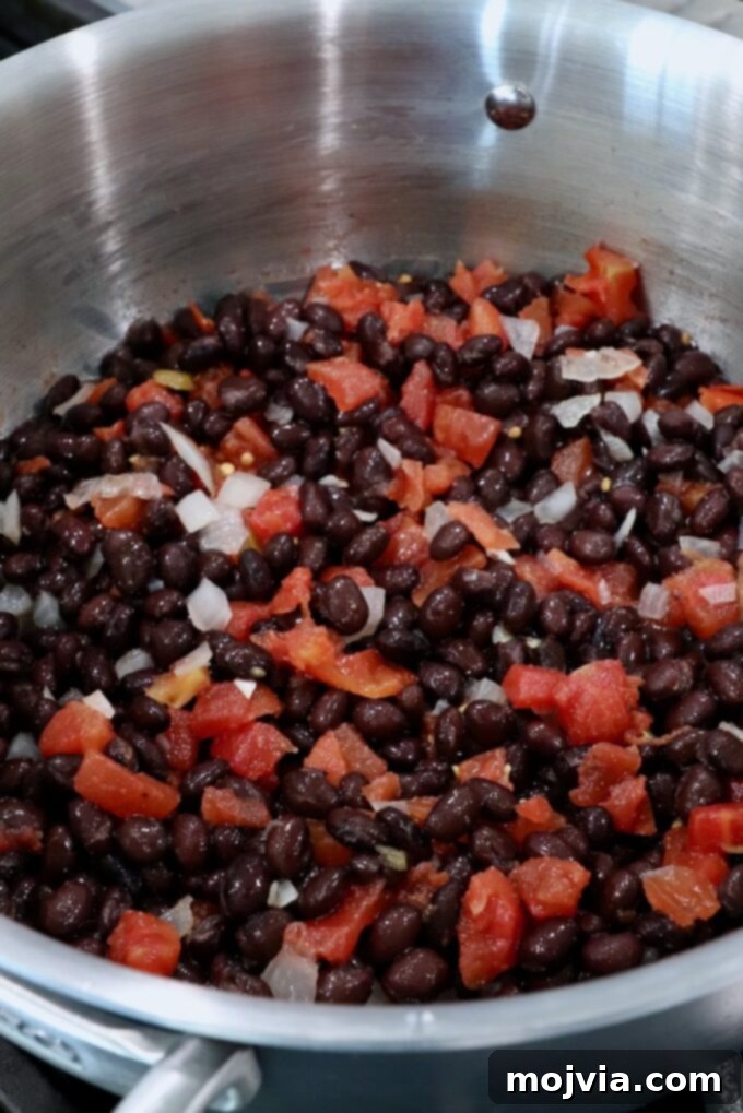 Traditional Mexican Black Beans 5 black beans, diced onions and tomatoes, in pot on the stove