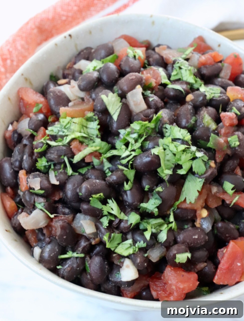 Traditional Mexican Black Beans 7 black beans and diced tomatoes in bowl topped with fresh cilantro