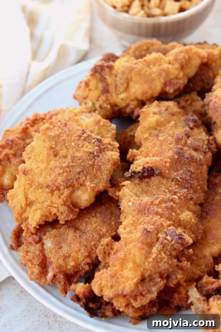 Dads Signature Captain Crunch Chicken Tenders 3 Stacked Captain Crunch fried chicken tenders on a plate, showcasing their golden, crispy exterior.