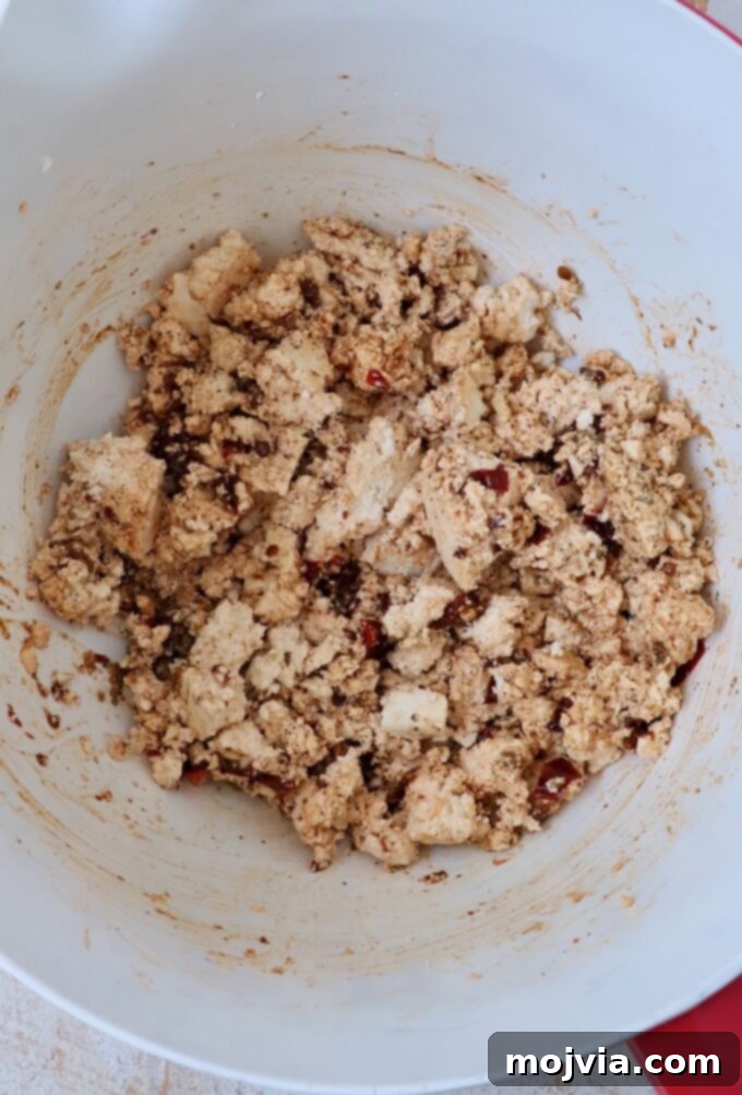 seasoned crumbled tofu in a large bowl