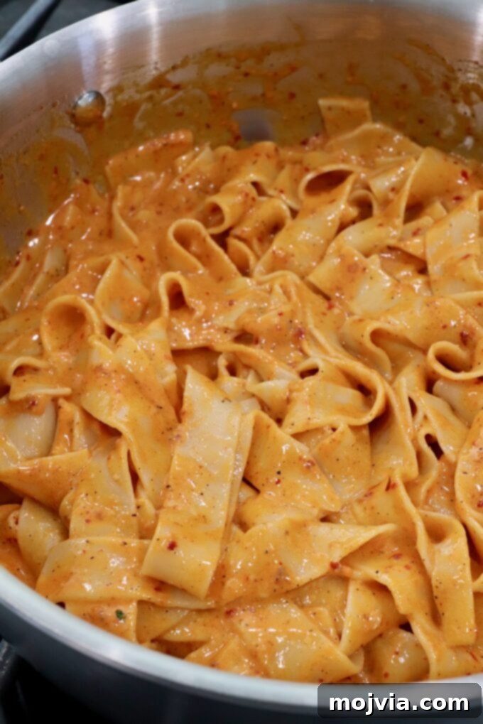 Calabrian Fire Pasta 7 pappardelle pasta noodles tossed with nduja sauce in a pan