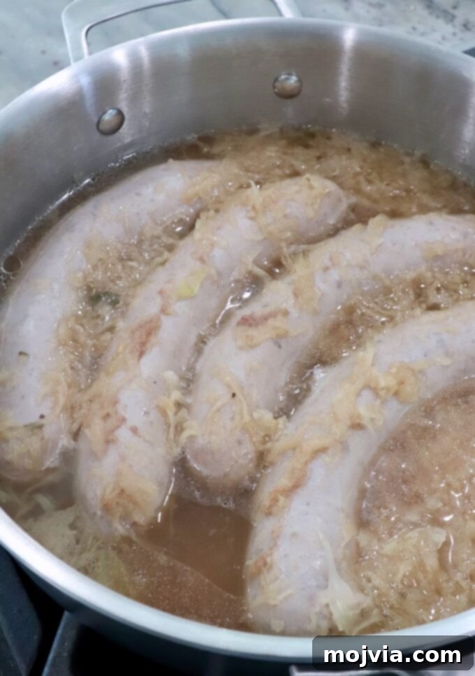 Bratwurst sausages fully cooked and plump, simmering in the flavorful beer and sauerkraut liquid on the stove.