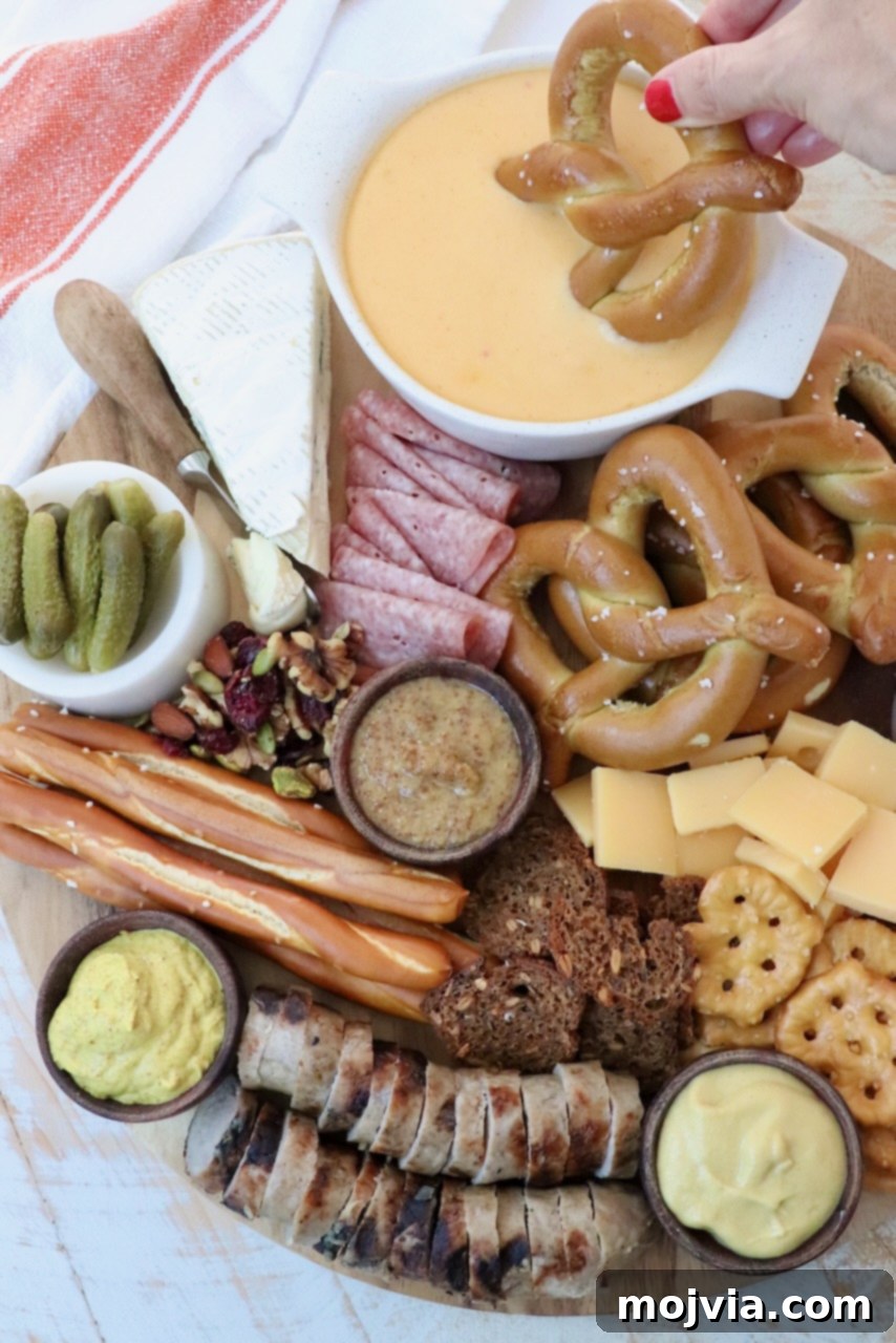 An elaborate Oktoberfest charcuterie board featuring grilled bratwurst, soft pretzels with beer cheese dip, cheeses, pickles, and various German deli meats, perfect for celebrations.