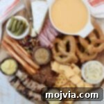 Oktoberfest themed charcuterie board with cheese, pretzels and mustard in small bowls