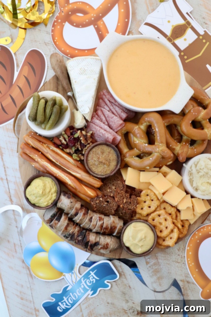 Oktoberfest charcuterie board surrounded by Oktoberfest decorations