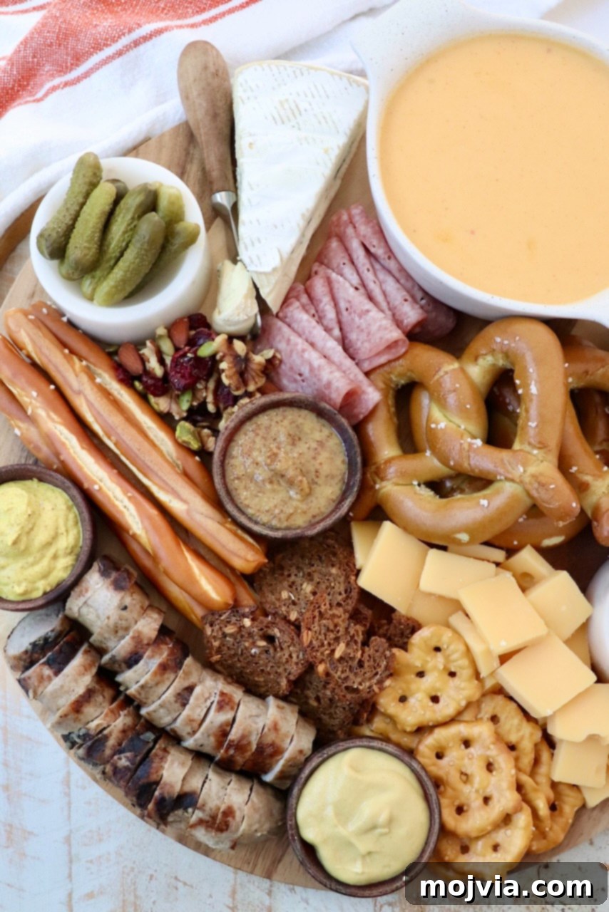 charcuterie board with grilled sausage, cheeses and pretzels