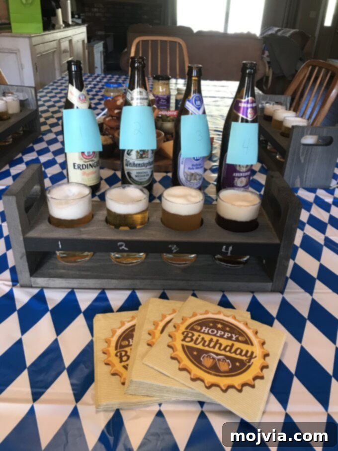 beer in bottles and poured into a taster set
