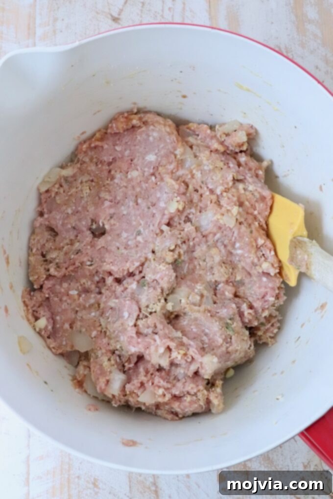ingredients for turkey meatballs combined in a large mixing bowl