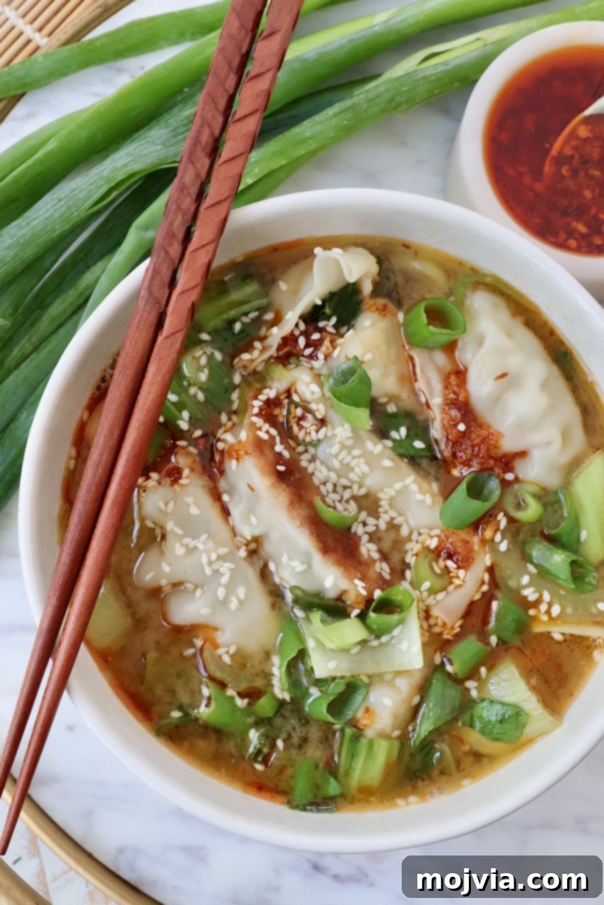 Comforting Gyoza Dumpling Soup 9 A beautifully plated bowl of Gyoza Soup, garnished with fresh green onions and sesame seeds, with chopsticks resting on the side, inviting you to enjoy.