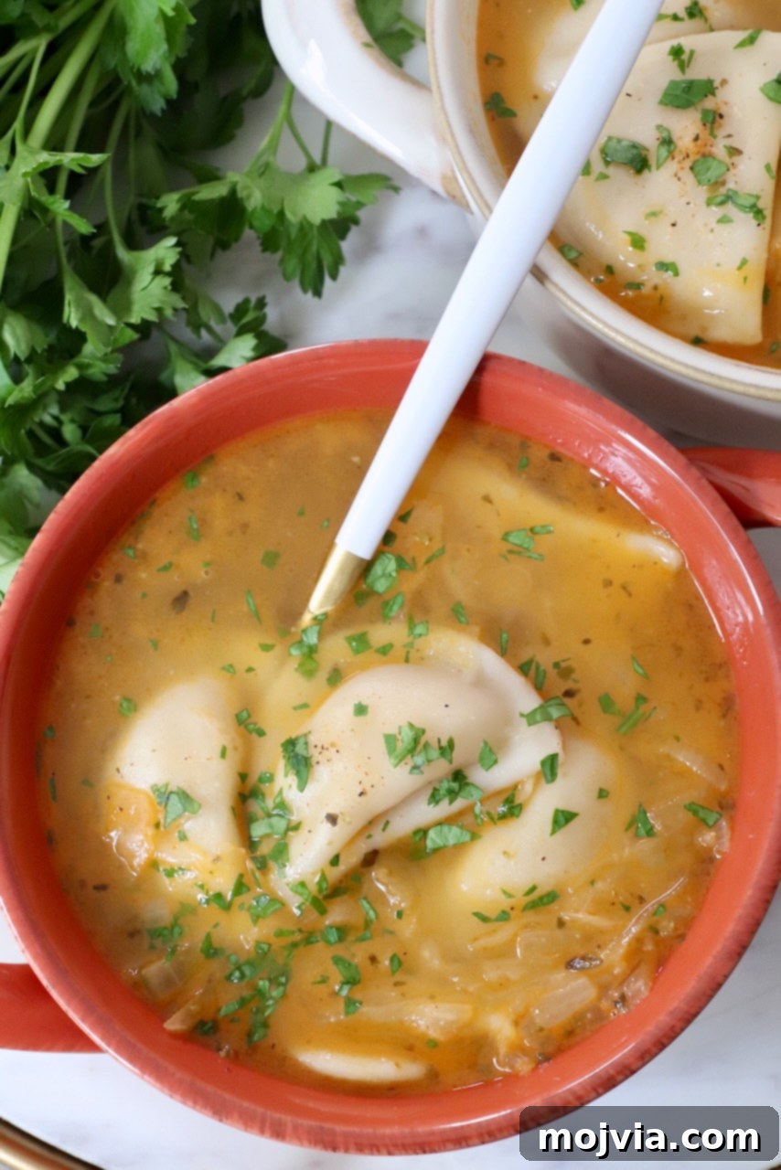 Hearty Pierogi Soup 2 A steaming bowl of hearty Pierogi Soup, garnished with fresh herbs and a dollop of sour cream, with a spoon resting in it.