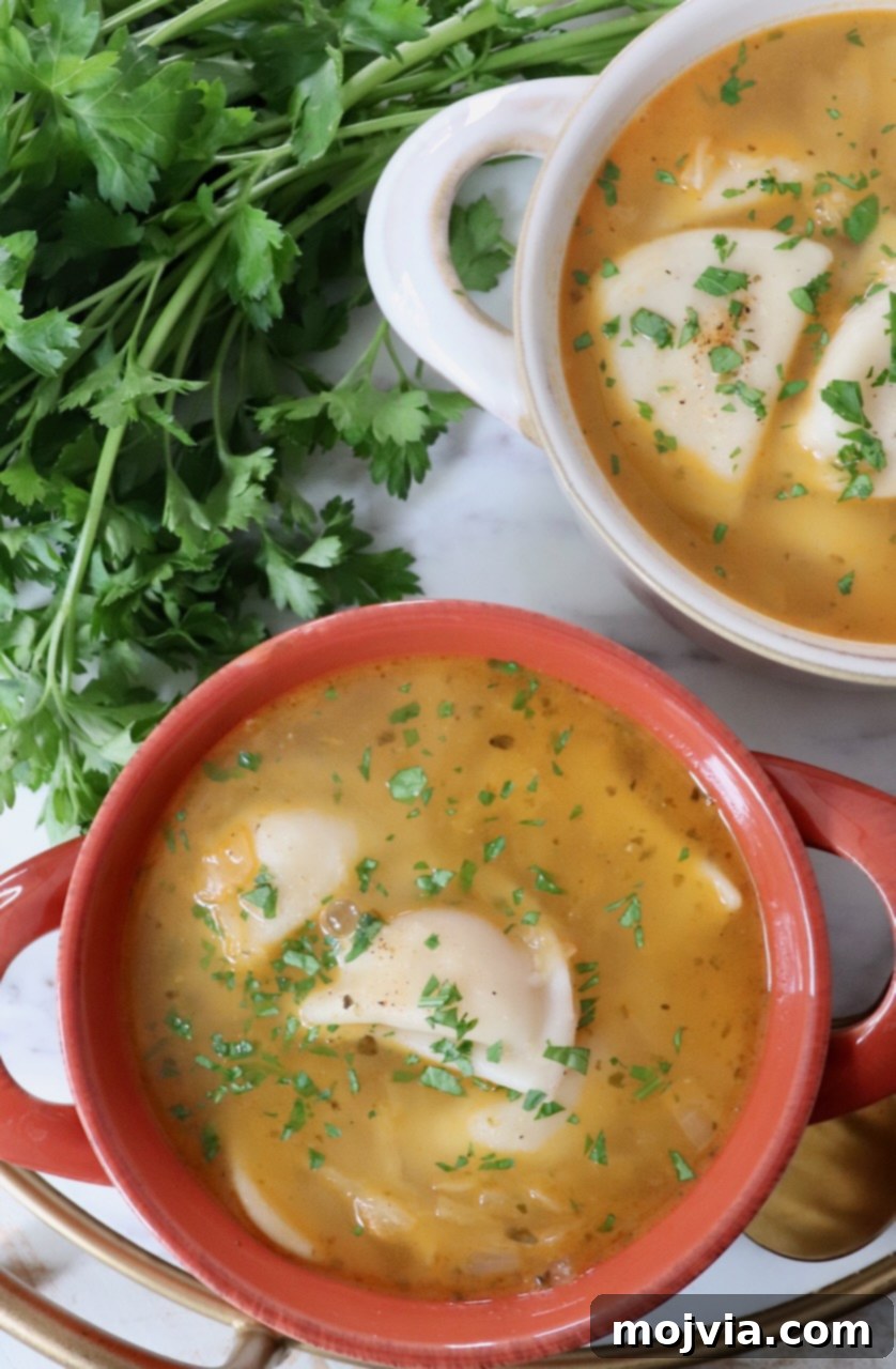 Hearty Pierogi Soup 8 Two bowls of Pierogi Soup, garnished and ready to eat.