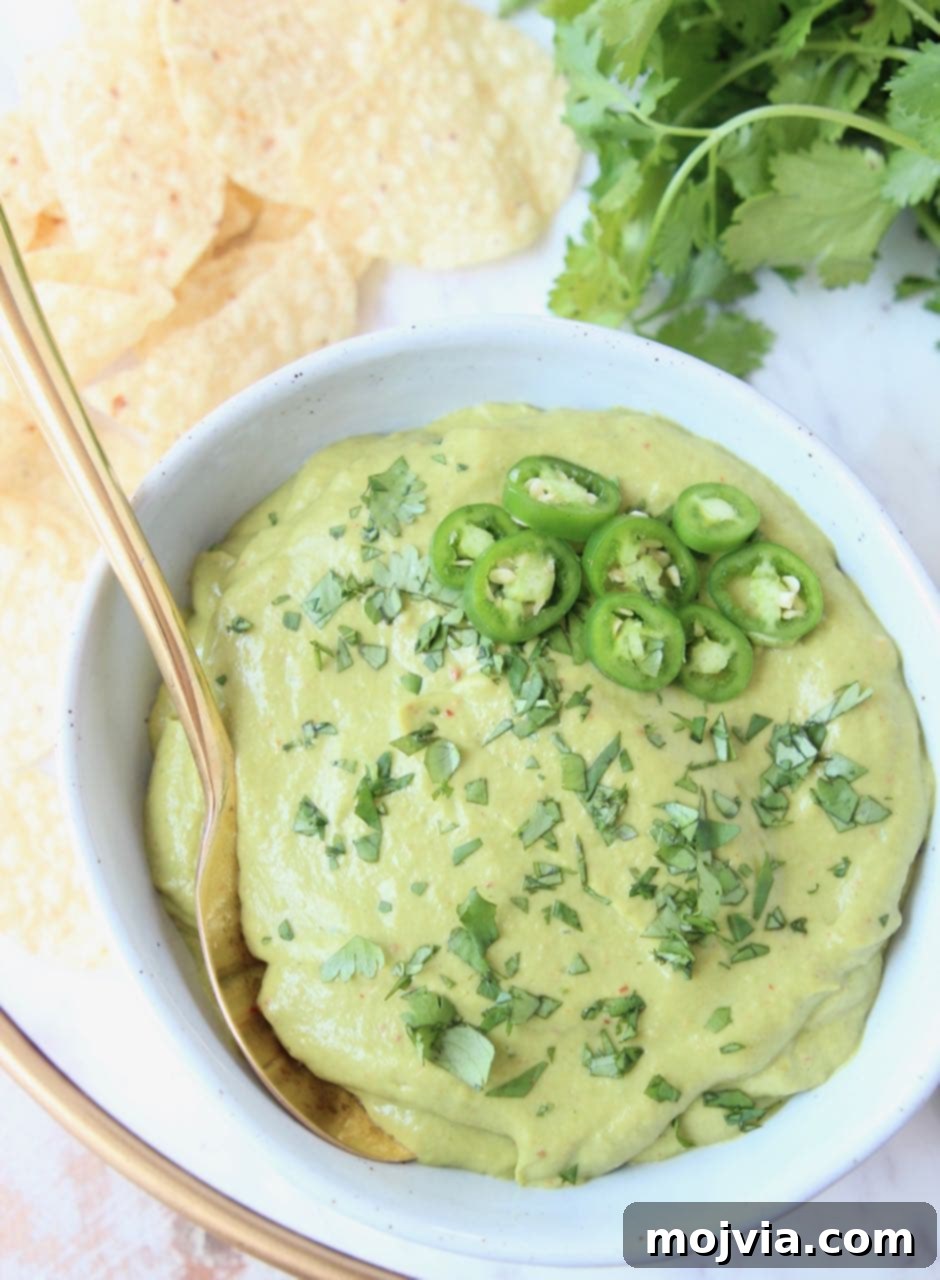 Avocado salsa in bowl, with tortilla chips on the side