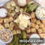 A round pickle board filled with various pickle-flavored snacks and dips.