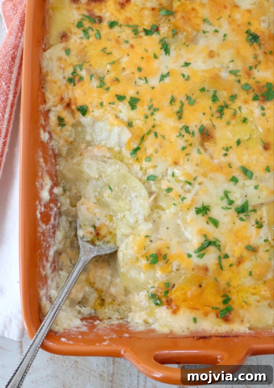 Ultimate Cheesy Potato Bake 11 au gratin potatoes in an orange baking dish with a serving spoon